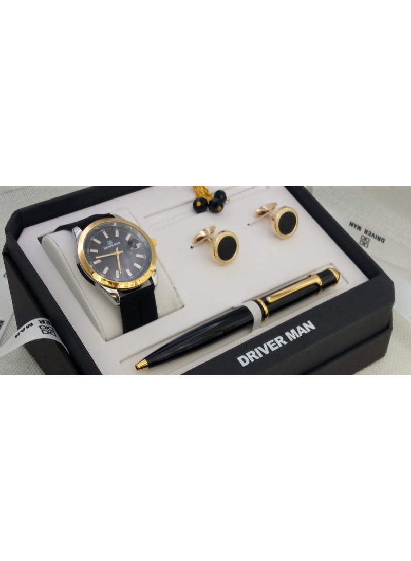 طقم رجالي من الستانلس ستيل مكون من ساعة وسبحة وقلم وازرار اكمام القمصان